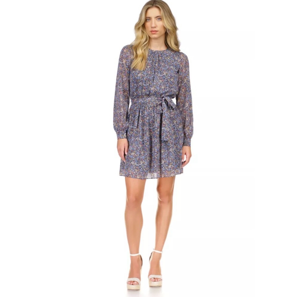 Michael Kors Long Sheer Sleeve Floral Dress Blue Field Of Flowers belted